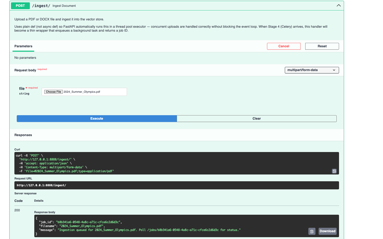 Uploading a real document — the API responds instantly with a job ID, no blocking