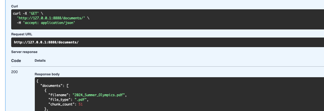 The document is now listed and queryable, with filename and chunk count