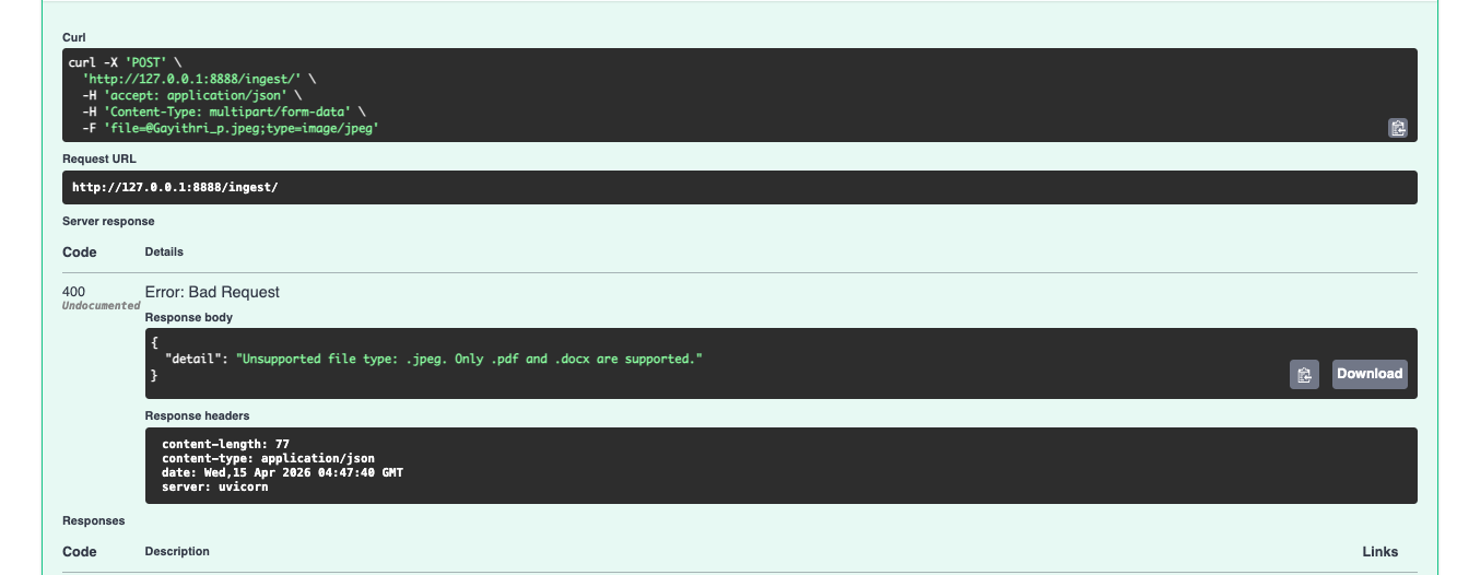 Uploading an unsupported file type — rejected immediately with a clear 400 error