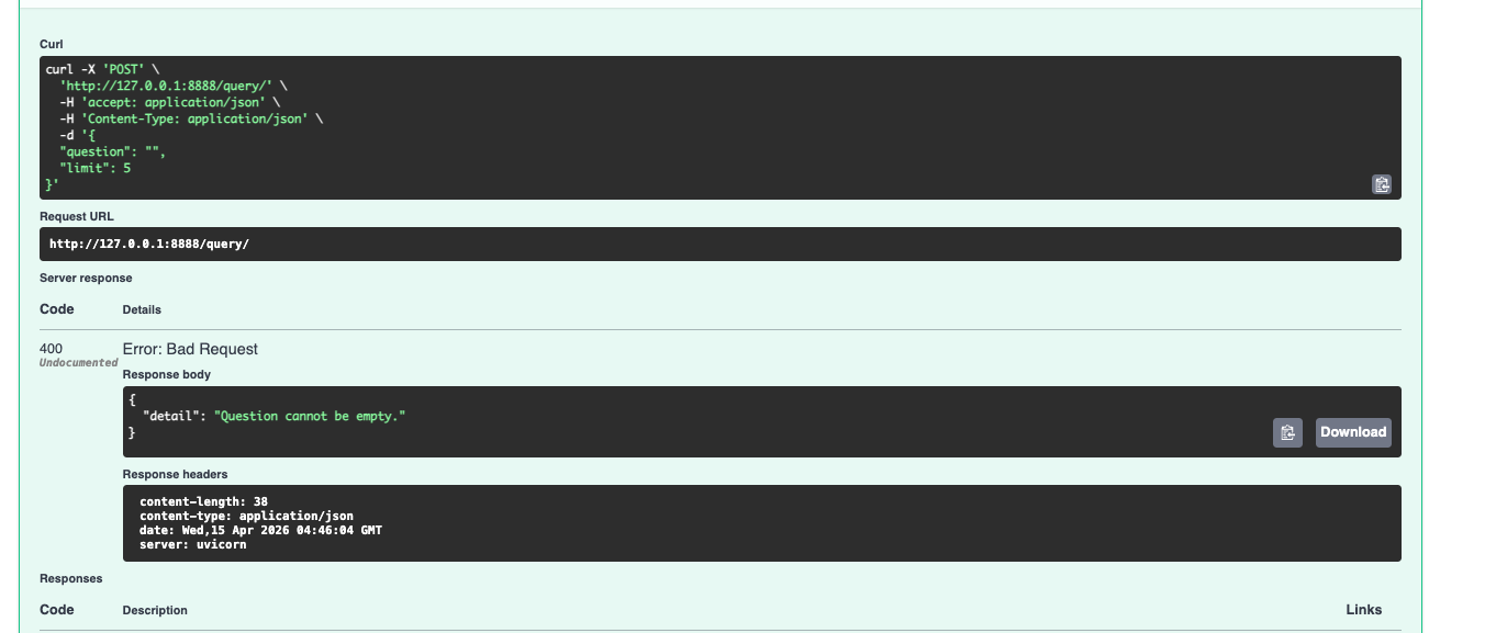 Submitting an empty question — caught at the API layer before it ever reaches the model