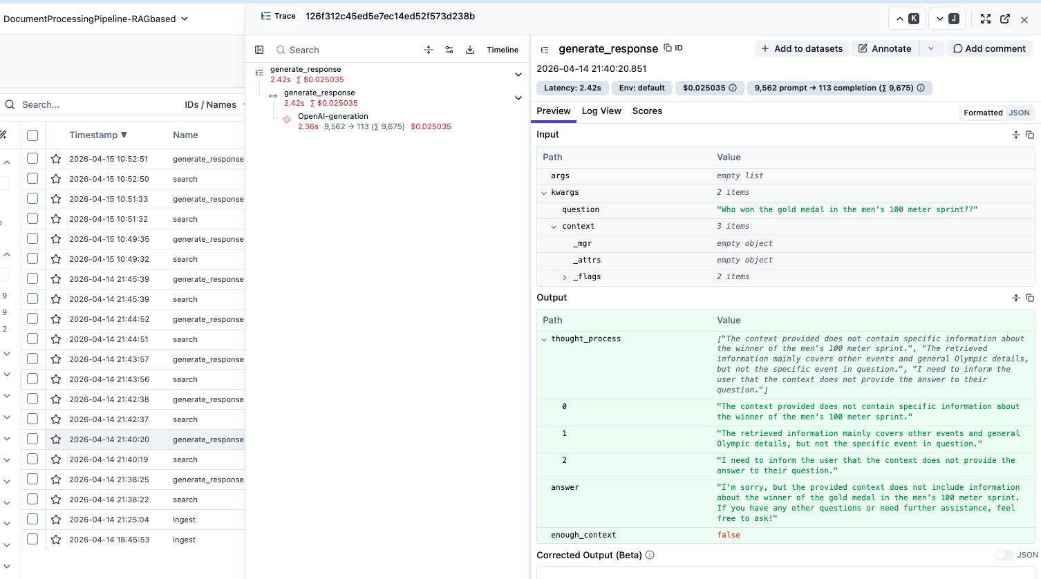 Langfuse trace for a happy path query — full pipeline visibility with spans, latencies, and token costs